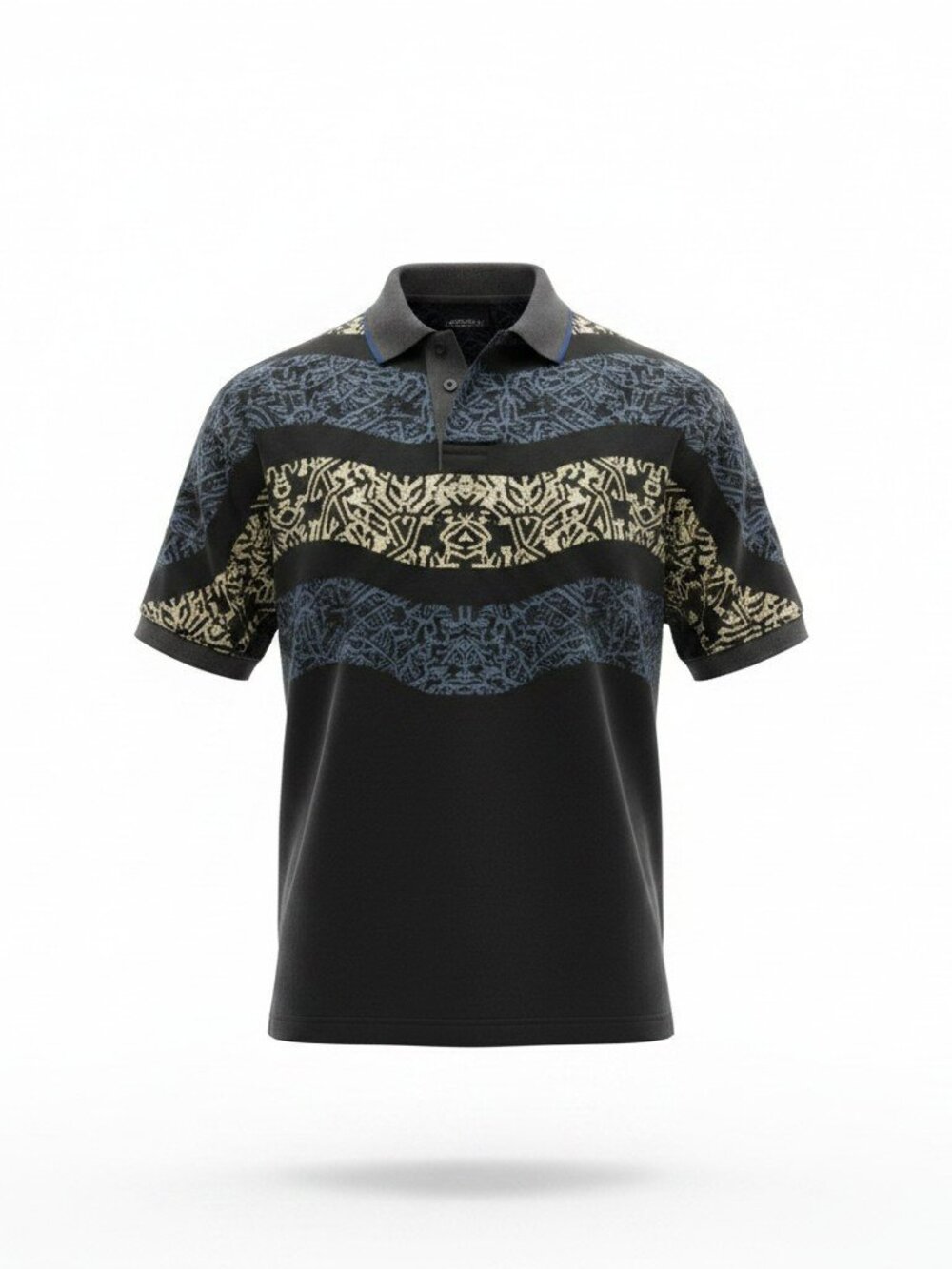 Men’s Greg Norman Black V-Neck Polo Blue Cream Waves Knit Large